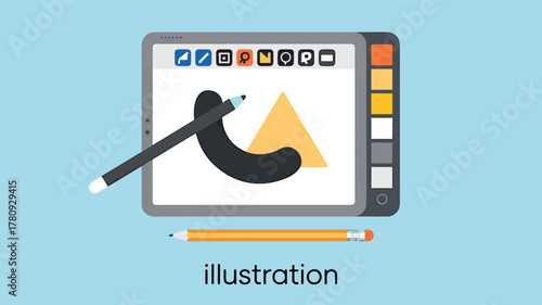 vector Digital tablet with drawing tools and stylus flat vector illustration for graphic design isolated on blue background