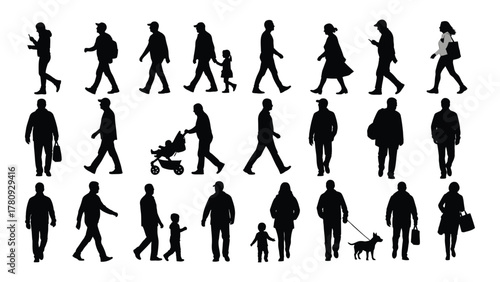 Diverse silhouettes of people walking isolated on transparent background, Vector