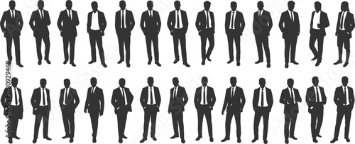 Silhouettes of businessmen in suits standing confidently, professional male figures illustration representing corporate leadership, success, and executive style