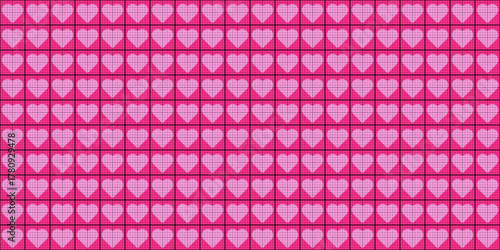 Seamless pink millimeter graph paper pattern with light pink hearts inside the grid squares. Background for planners or designs. Editable vector illustration.