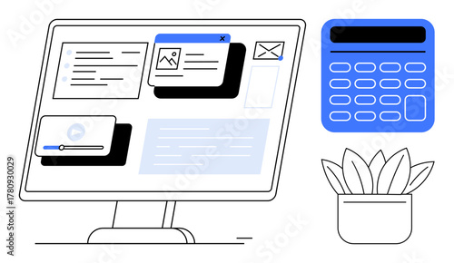 Computer screen showcases various multitasking tools thumbs up email, video, and documents. Alongside, a calculator and potted plant add balance to work-life dynamics. Ideal for productivity