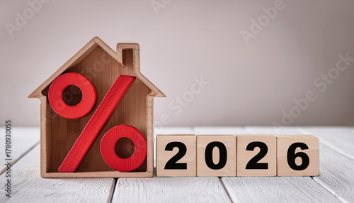 House Shaped Frame with Red Percent Symbol and 2026 Blocks Representing Mortgage Rates and Real Estate Trends