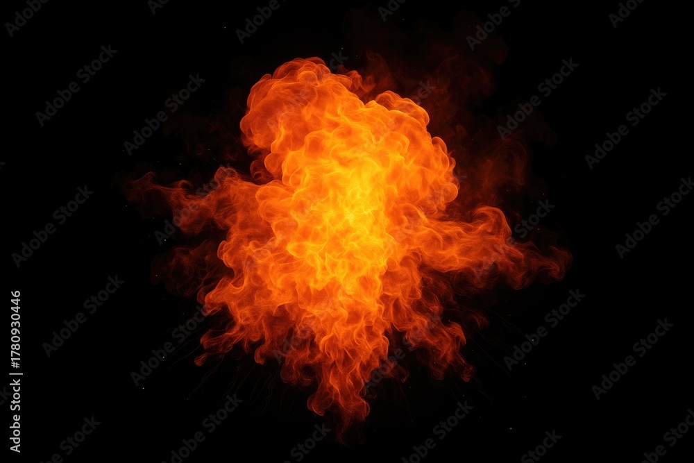 Fototapeta premium Volumetric orange fire explosion with embers and smoke, hot blaze energy blast for action scenes