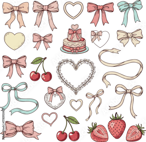 Isolated a Set of hand drawn coquette elements for Valentines day, wedding invitation, birthday card. Cute girly bows, hearts, ribbons, cherry, cake, heart frame, strawberry. Vintage  vector art.