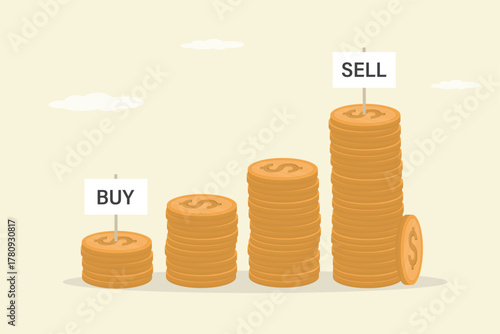 Buy low, sell high. Positive trend, profitable financial strategy, increasing forex or stock market. Stacks of golden coins with signs