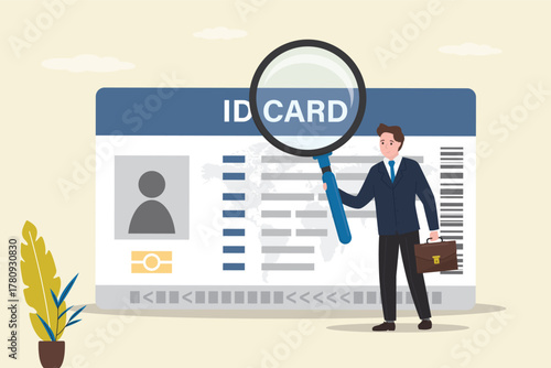 HR manager holds magnifying glass and analyzes id card of job seeker. Recruitment process, interview. Due diligence. Problem of unemployment.