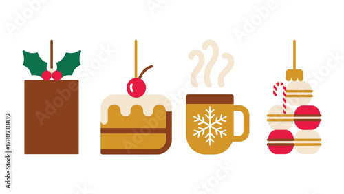 Festive Treats: A delightful arrangement of Christmas treats, featuring a cake with cherry on top, coffee mug and Christmas decorations.