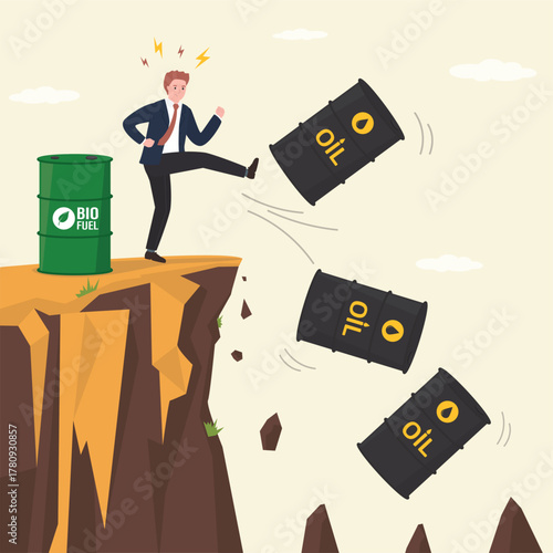 Changing energy policy. Beginning of use of bio fuel instead of oil. Smart businessman kick off barrels of gasoline from cliff. Alternative energy, environmental protection.