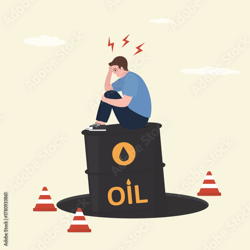 Blind investment concept, businessman sitting on oil barrel failed in pit. Credit pit hole, business trap. Possible failure on commodities market, mistake causing troubles.
