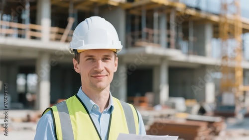 An engineer in professional equipment presents a professional image in front of the construction site background, demonstrating the rigor and practical spirit in the field of construction.