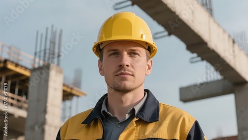 An engineer in professional equipment presents a professional image in front of the construction site background, demonstrating the rigor and practical spirit in the field of construction.