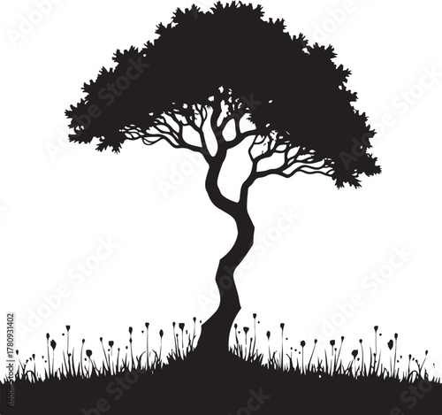 Black silhouette of a solitary tree with sparse grass and buds