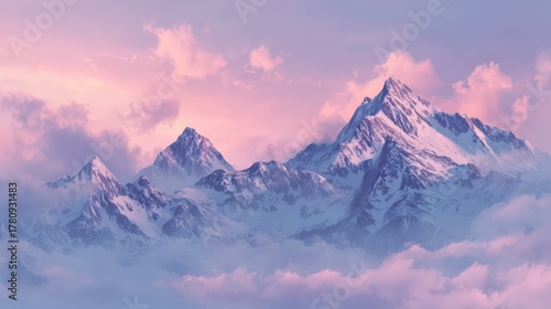 Majestic pink-hued mountain peaks emerge through soft clouds under serene sunset sky, snowy Alpine landscape inspiring tranquilityMountain