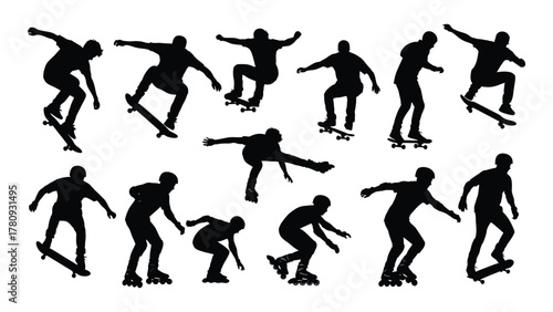Skateboarding and rollerblading silhouettes isolated on transparent background, Vector