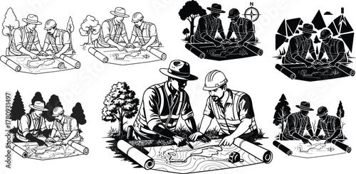 Silhouette vector illustration of field workers analyzing terrain maps outdoors, planning routes, surveying land, teamwork, exploration, safety, environment, tools, and industry