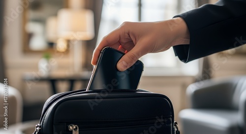 Close-up of a persons hand placing a smartphone into a black handbag indoors.