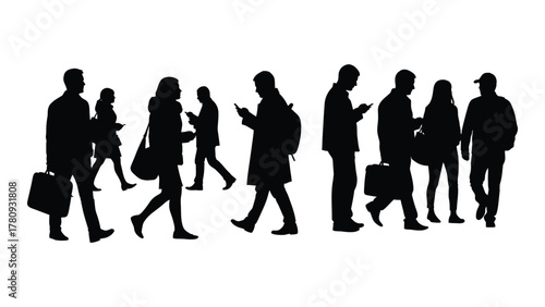 Silhouettes of people engaged with smartphones isolated on transparent background, Vector
