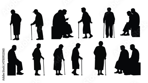 Elderly people silhouettes collection isolated on transparent background, Vector