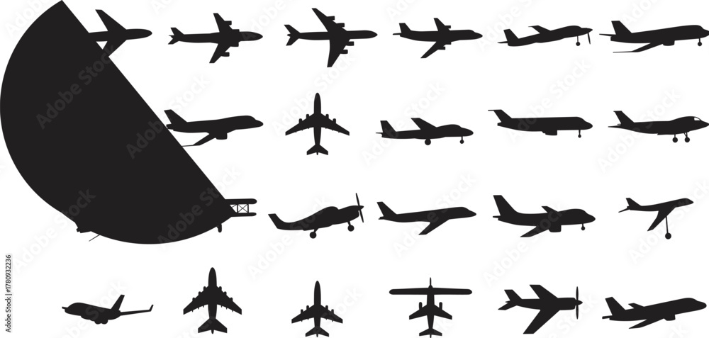 Naklejka premium Aircraft silhouettes, airplane icons, aviation design, military jets, commercial planes, aircraft comparison, flight shapes, aviation grid, aircraft diversity, black background