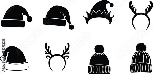 Holiday headwear icons, Santa hats, elf hat, reindeer antlers, winter beanies, festive pompom hats, Christmas costume accessories, seasonal celebration design