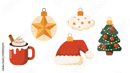 Holiday Decorations and Beverages: Festive holiday ornaments and a warm beverage, including a decorative star, cloud, christmas tree, santa's hat and a cozy hot drink.