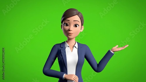 Animated Businesswoman Character Speaking and Presenting on Green Screen.
