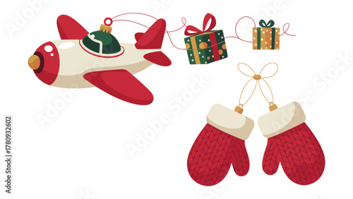 Holiday Flight of Gifts: A festive plane, adorned with holiday cheer, soars through the air, delivering wrapped gifts and whimsical mittens.