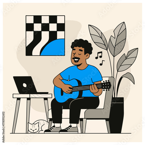 Man playing acoustic guitar at home flat vector
