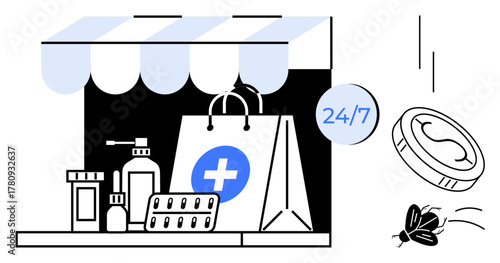 Medicine bag, pill bottles, capsules, and tablets under a store awning. 247 availability, healthcare delivery. Ideal for e-commerce, health, convenience urgency accessibility service simple flat