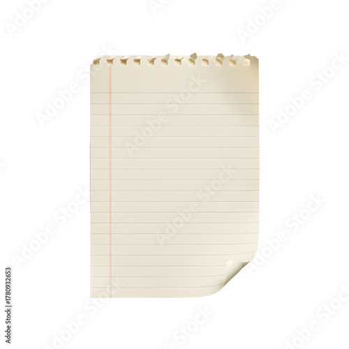 Torn ruled notebook paper with soft blue lines. Features a perforated ripped top, a slightly curled edge, and fine paper fiber detail in a warm tone with subtle shadows. Conveys a natural, minimalist 