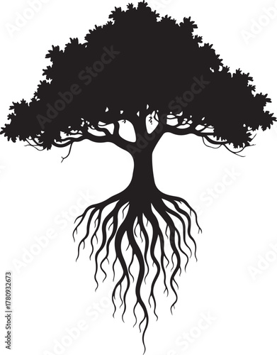 Black silhouette of a tree with visible roots white