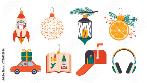 Festive Holiday Ornaments: A vibrant collection of Christmas ornaments, each embodying the spirit of the season, from a whimsical rocket and orange slice to a charming car, book, and mailbox.