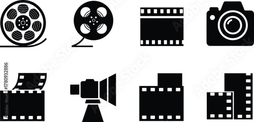 film, photography, icons, illustration, vector, design, camera, reel, strip, canister, video, media, symbol, concept, art, graphic, style, communication, production, equipment, technology