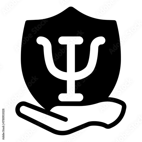 Shield with trident in hand solid icon, family therapy concept. Vector graphics. Hand with psychiatry emblem, mental sign on white background, style icon mobile or web design.