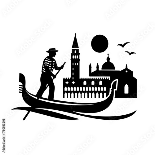 Venice gondola skyline romantic travel vintage woodcut