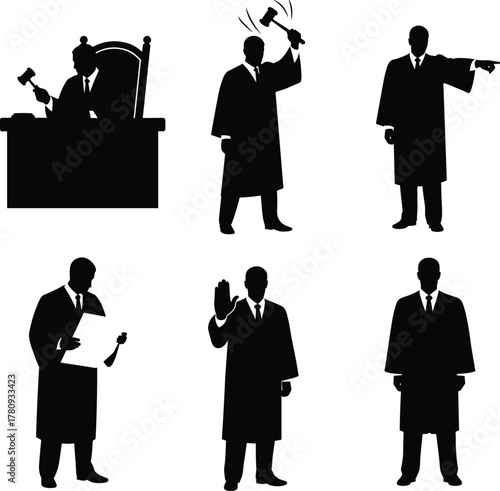 Silhouette vector illustration of judges in courtroom actions, holding gavel, reading documents, making decisions, legal authority, justice, law, safety, and profession