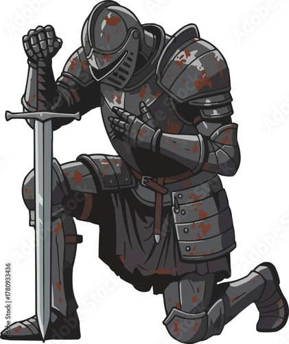Loyal medieval knight kneeling with sword in armor