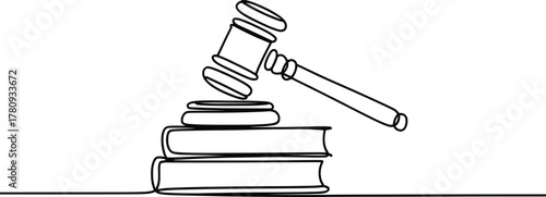 Judge Gavel on Law Books One-Line Drawing Vector Illustration.