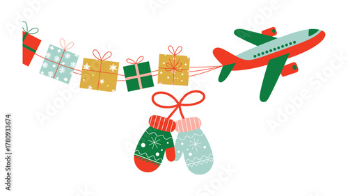 Christmas Journey: A festive illustration of an airplane delivering holiday cheer, adorned with gift boxes and mittens. The image embodies the spirit of travel and celebration.
