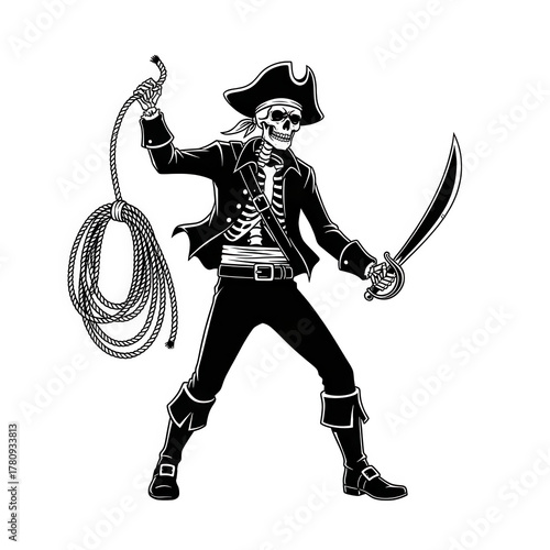 Skeleton pirate holding a rope and sword isolated on transparent background