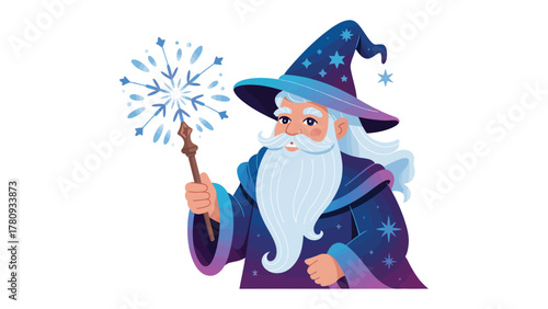 Mystical Wizard Conjuring Magic: A wise old wizard, adorned in a starry cloak and tall hat, channels mystical energy through his wand to conjure an icy snowflake.