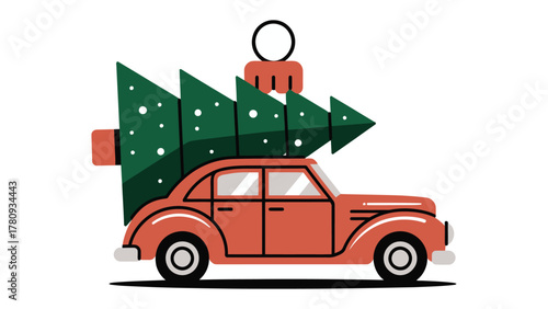 Holiday Journey: A festive scene unfolds as a vintage car cheerfully transports a decorated Christmas tree, evoking the spirit of holiday travel and anticipation.
