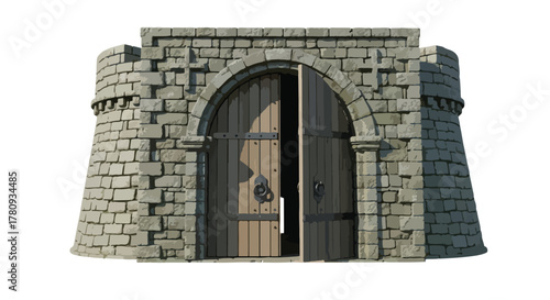 Stone medieval gate tower entrance with wooden door, architectural illustration in detailed pencil sketch.