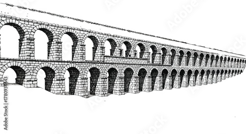 Long ancient aqueduct structure perspective sketch, architectural pencil drawing.