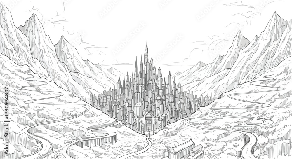 Obraz premium Fantasy mountain fortress city surrounded by peaks, pencil concept landscape drawing.
