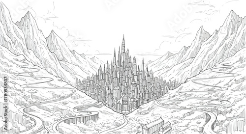 Fantasy mountain fortress city surrounded by peaks, pencil concept landscape drawing.