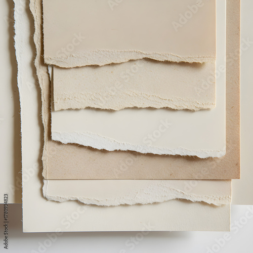 Macro-style close-up of stacked torn papers in layered beige and cream tones. Highlights fine paper fiber texture and rough ripped edges with soft shadows. Conveys a minimalist, vintage aesthetic, per