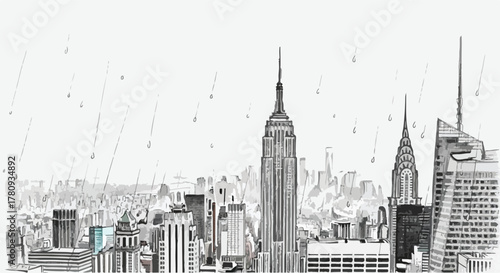 City skyline with tall buildings under rainfall, urban atmosphere pencil sketch.