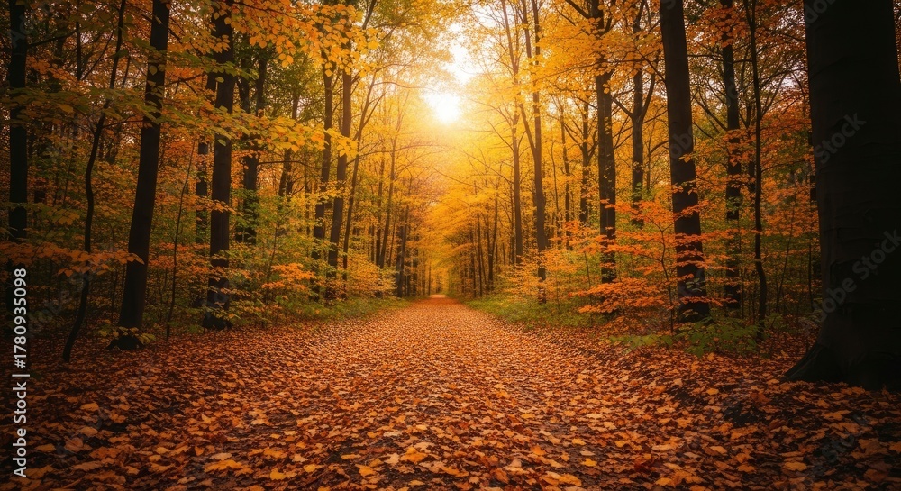 Fototapeta premium Golden Autumn Forest Path Bathed in Vibrant Sunlight