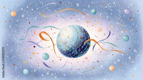 Surreal Cosmic Sphere Surrounded by Whimsical Ribbons and Distant Celestial Bodies in a Dreamlike Starry Blue Universeabstract